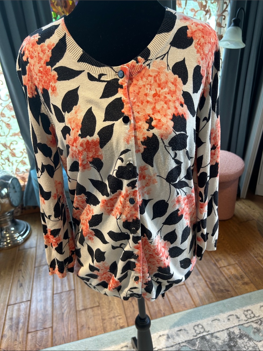 Talbots Coral Floral Cardigan with Black Leaf Print